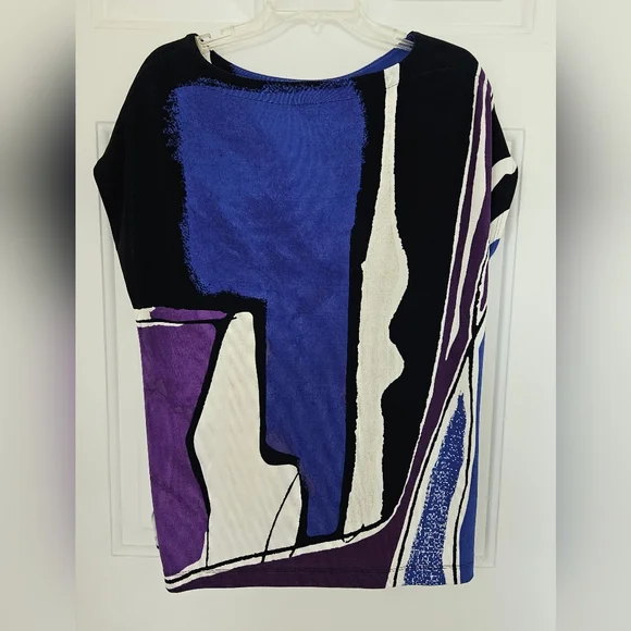 CHICO'S Size 3 Abstract Print Knit Blouse Acetate/Spandex Colorful Tunic - Picture 6 of 8